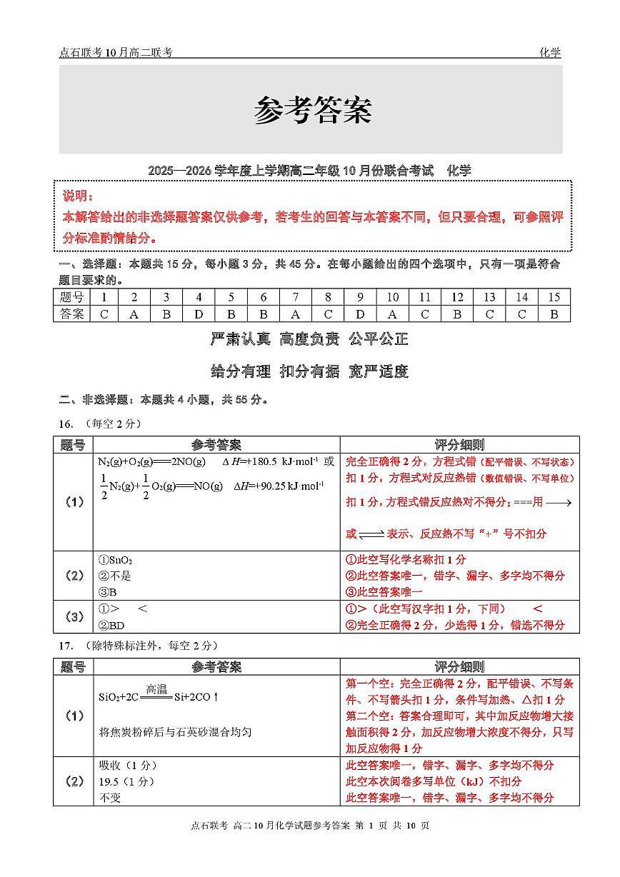 辽宁省点石联考2026届高二上学期10月月考化学答案第1页