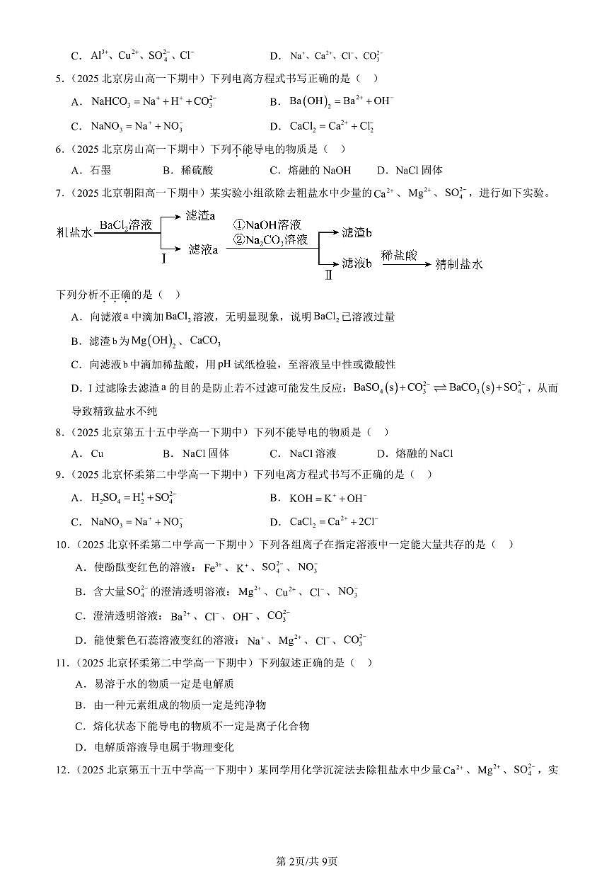 2025北京重点校高一（下）期中化学汇编：离子反应第2页