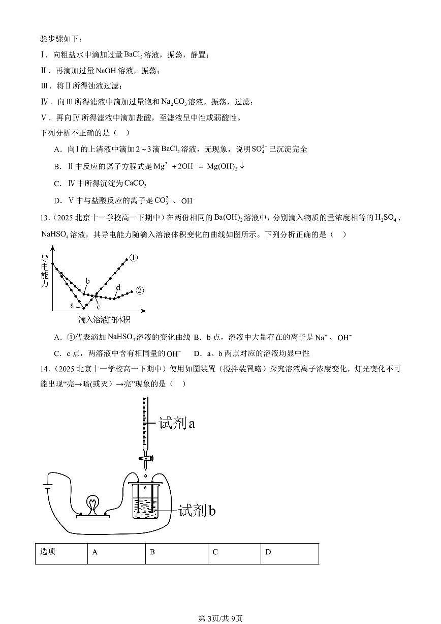 2025北京重点校高一（下）期中化学汇编：离子反应第3页