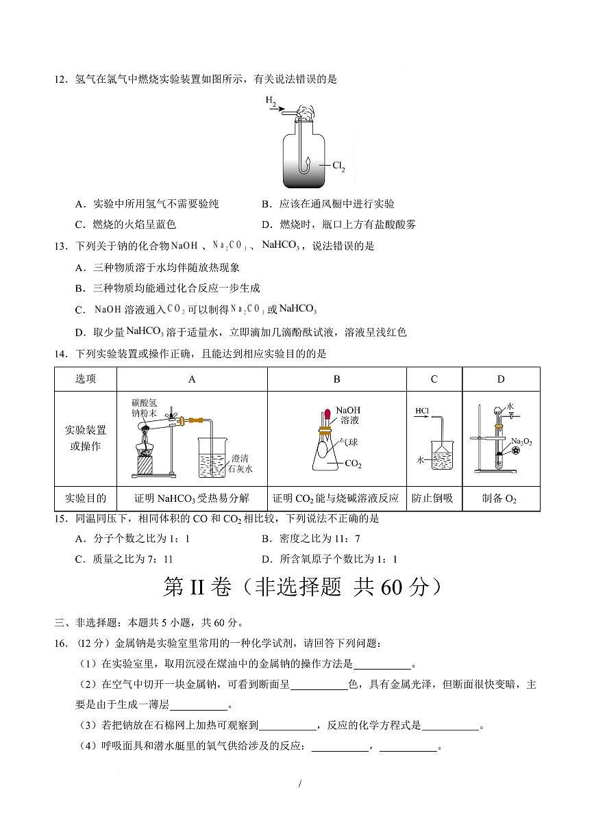 高一化学第一次月考卷（山东专用，鲁科版2019）（考试版）A4版第3页