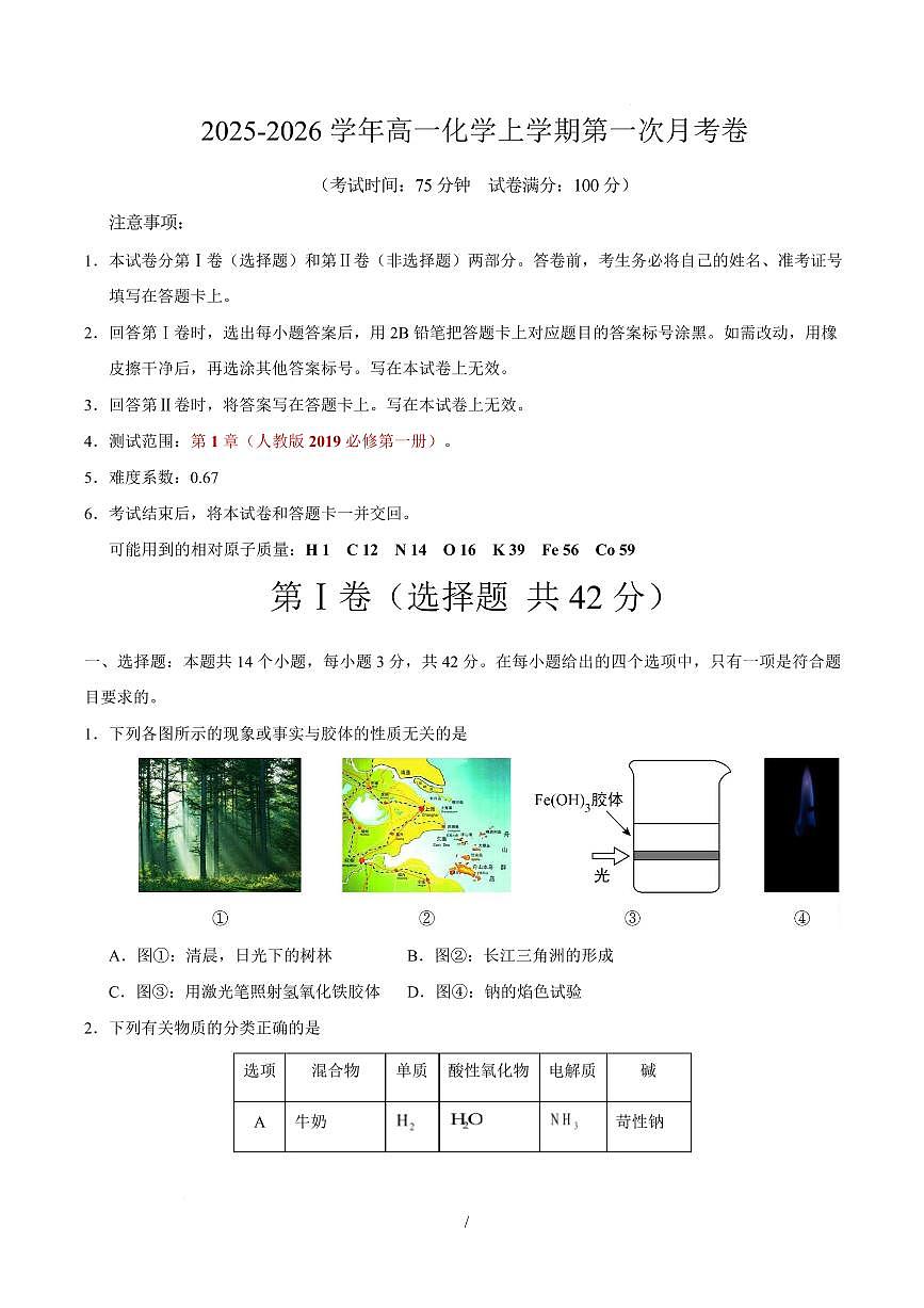 高一化学上学期第一次月考（重庆专用，人教版2019） 高一化学第一次月考卷（重庆专用，人教版2019）（考试版）A4版第1页
