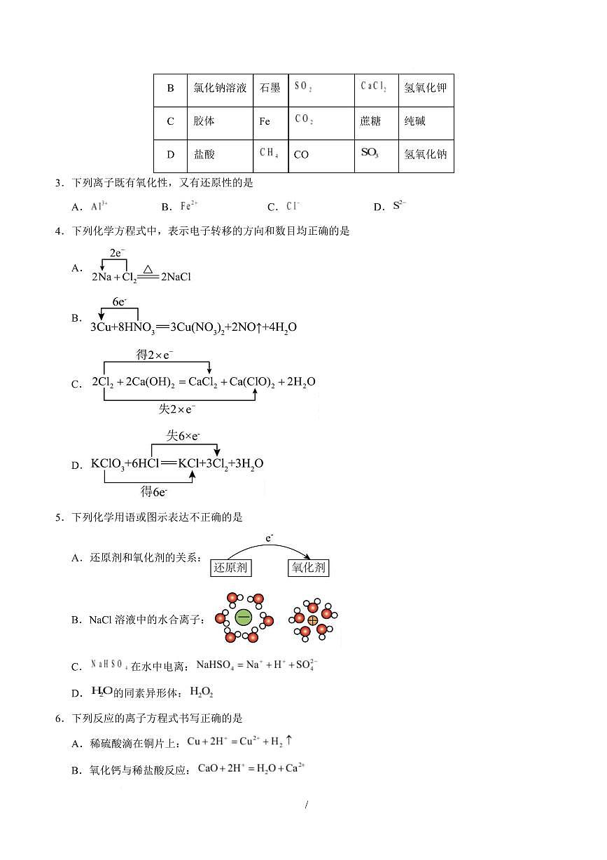 高一化学上学期第一次月考（重庆专用，人教版2019） 高一化学第一次月考卷（重庆专用，人教版2019）（考试版）A4版第2页