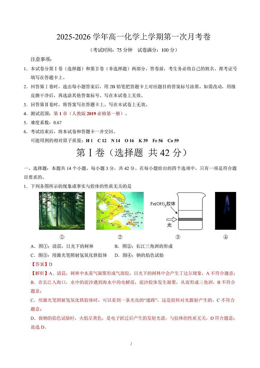 高一化学上学期第一次月考（重庆专用，人教版2019） 高一化学第一次月考卷（重庆专用，人教版2019）（全解全析）第1页