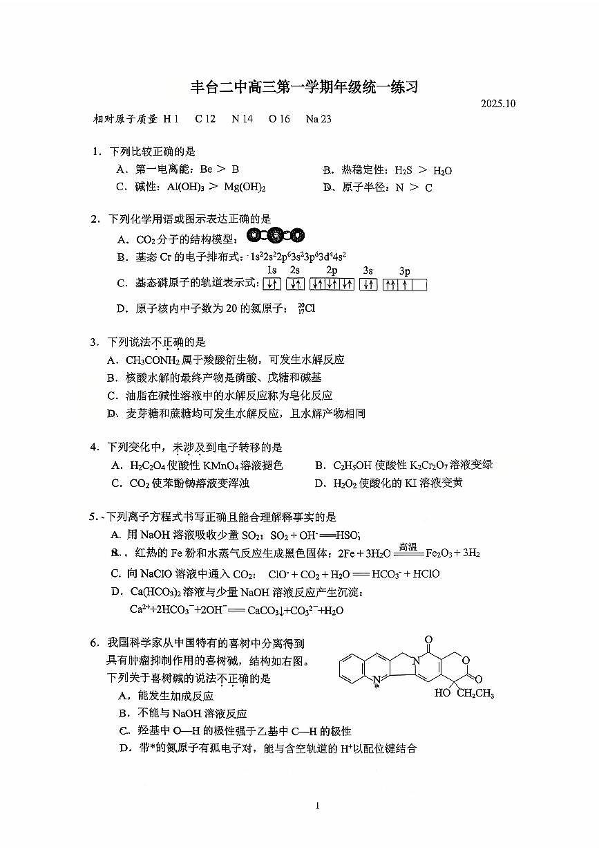 2025北京丰台二中高三上10月月考化学试卷第1页
