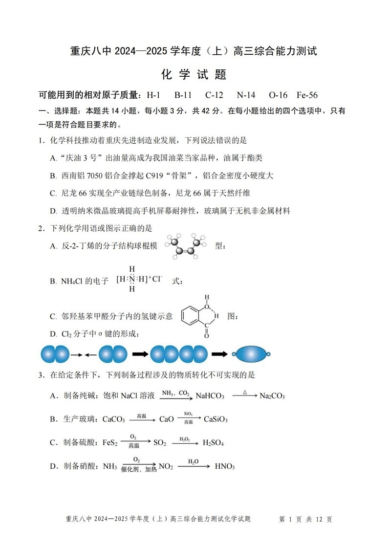 重庆市第八中学2025届高三上学期1月期末综合能力测试-化学试题（含答案）第1页