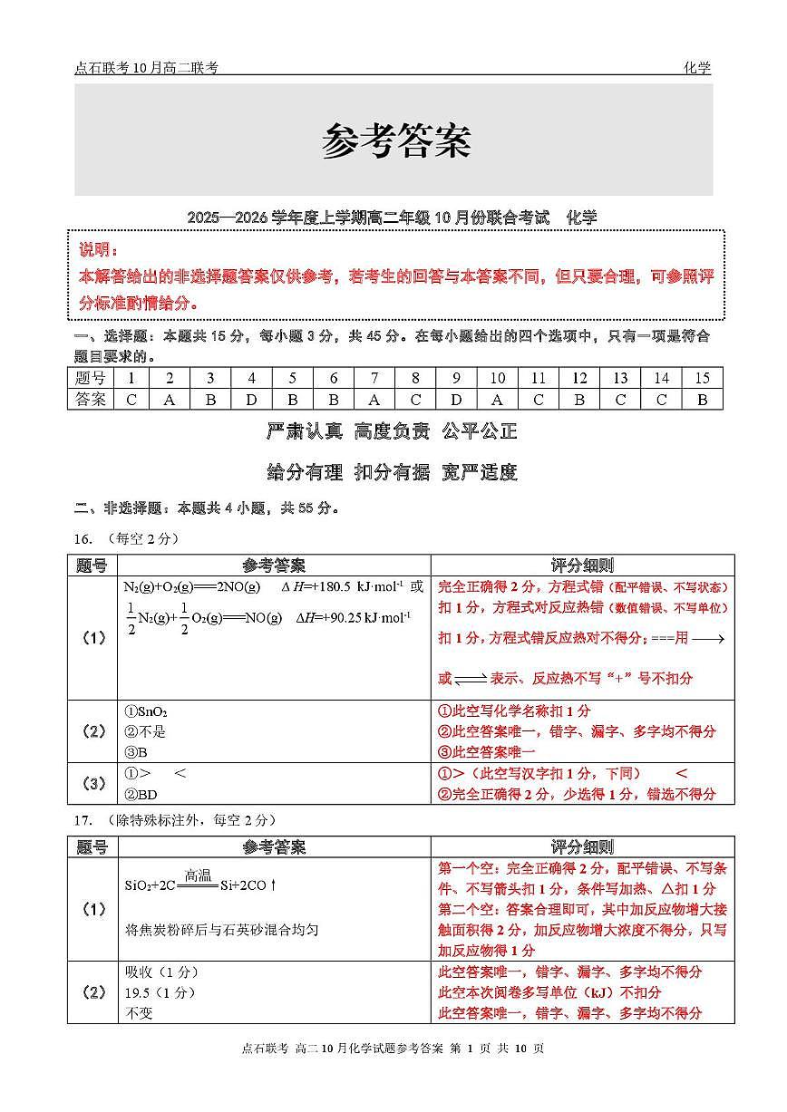 辽宁省点石联考2025-2026学年上学期高二年级10月份联合考试 化学答案第1页