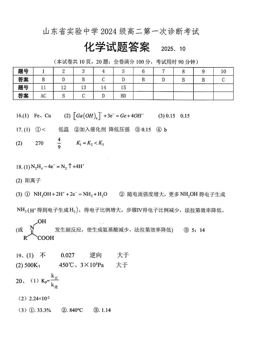 山东省实验中学2026届高三第一次诊断考试+化学答案第1页