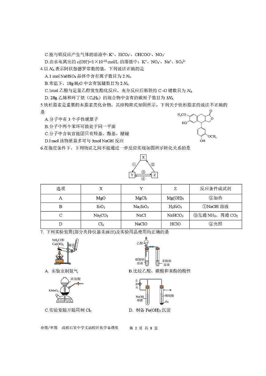 四川省成都市石室中学2025-2026学年高三上学期10月月考+化学第2页