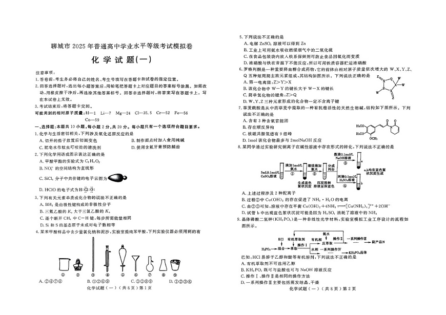 2025届山东省聊城市高三下学期一模化学试题（含答案）第1页