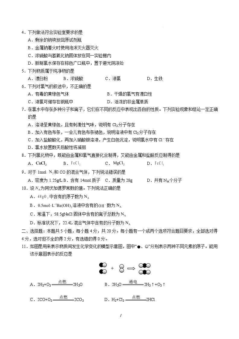 高一化学第一次月考卷（山东专用，鲁科版2019）（考试版）A4版第2页