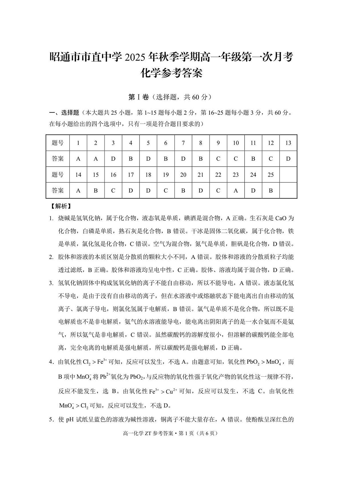 昭通市市直中学2025年秋季学期高一年级第一次月考化学-答案第1页