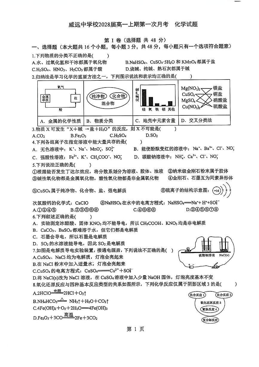 四川省内江市威远中学校2025-2026学年高一上学期10月月考 化学试题第1页