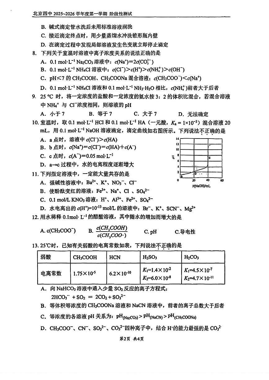 北京市第四中学2025-2026学年高二上学期10月考试 化学试题第2页