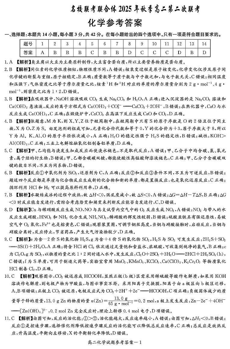 湖南省名联合体联考2025-2026学年高二上学期10月月考化学答案第1页