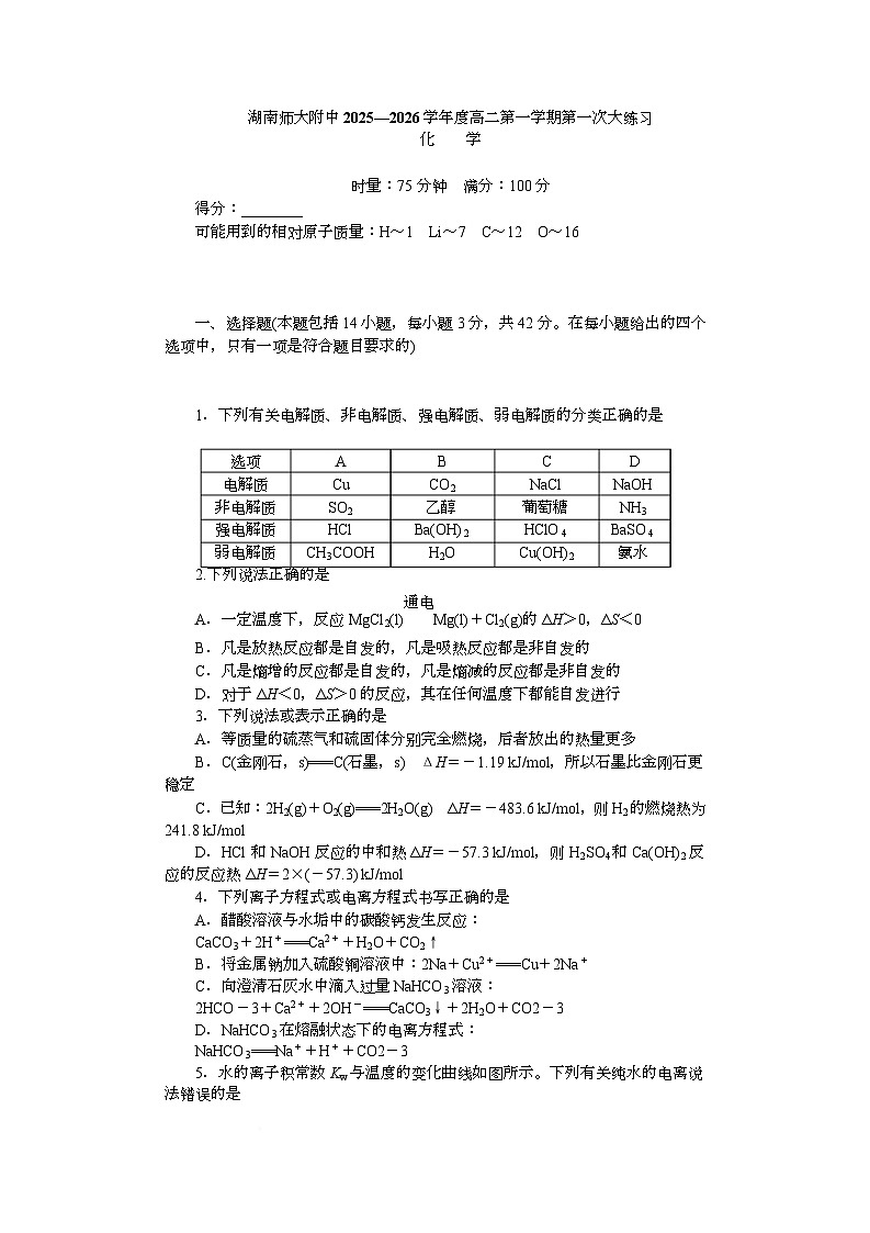 2025~2026学年湖南师大附中高二化学第1次月考 附中高二1次大练习1期化学学用第1页