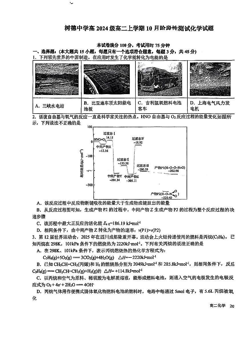 四川省成都市树德中学高2024级高二上学期10月阶段性测试化学试卷（pdf版，含答案）第1页