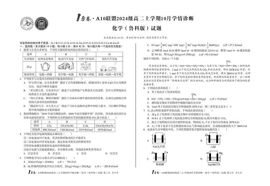 1号卷·A10联盟2024级高二上学期10月学情诊断化学（鲁科版）第1页