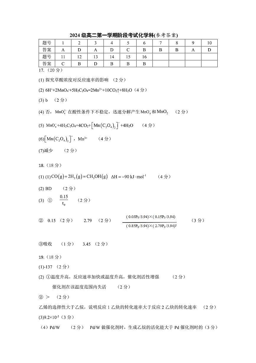 2024级高二第一学期阶段考试化学科(参考答案)第1页