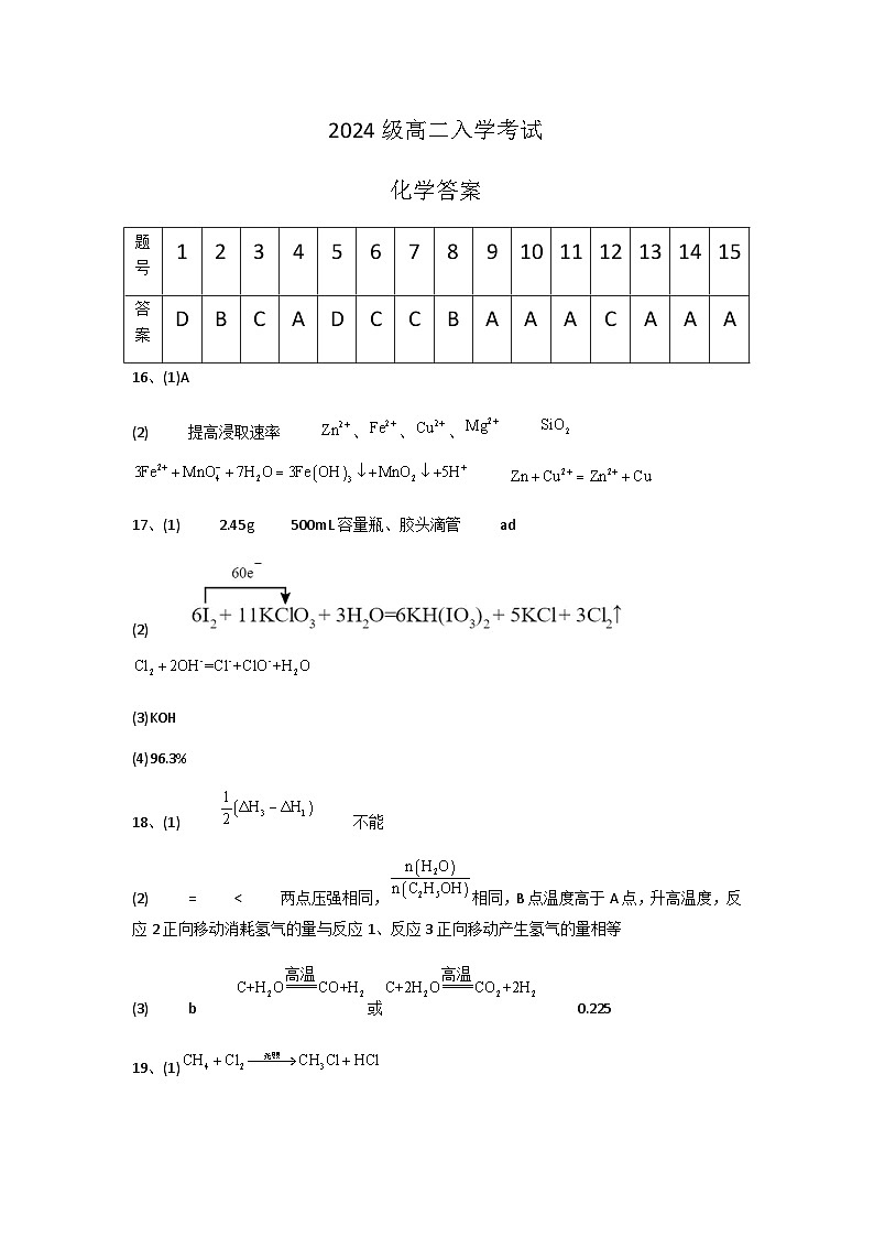 2024级高二入学考试化学答案第1页
