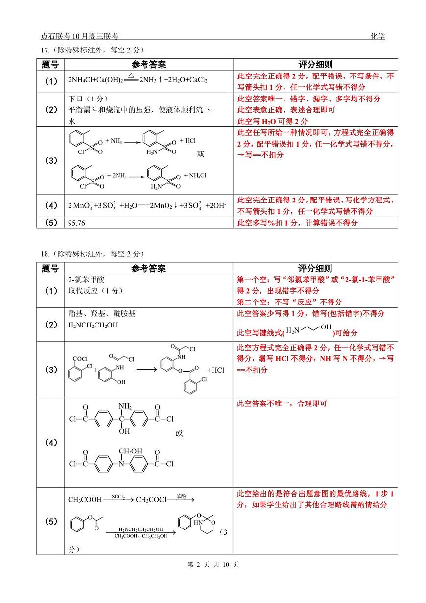 【点石联考】高三10月联考化学试题参考答案第2页