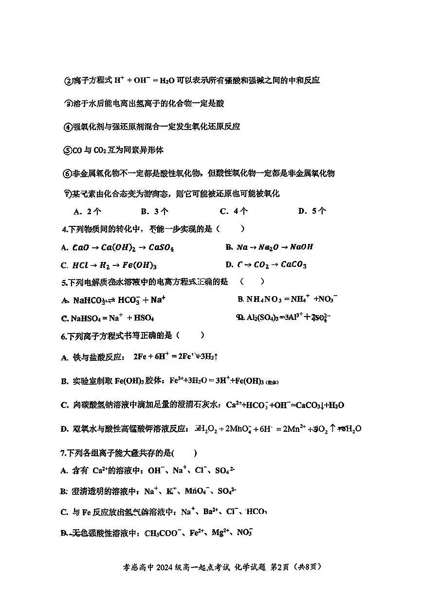 湖北省孝感高级中学2024-2025学年高一上学期开学考试化学试题第2页
