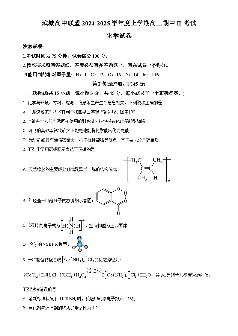 辽宁省大连市滨城高中联盟2024-2025学年高三上学期期中Ⅱ考试 化学试卷-A4第1页