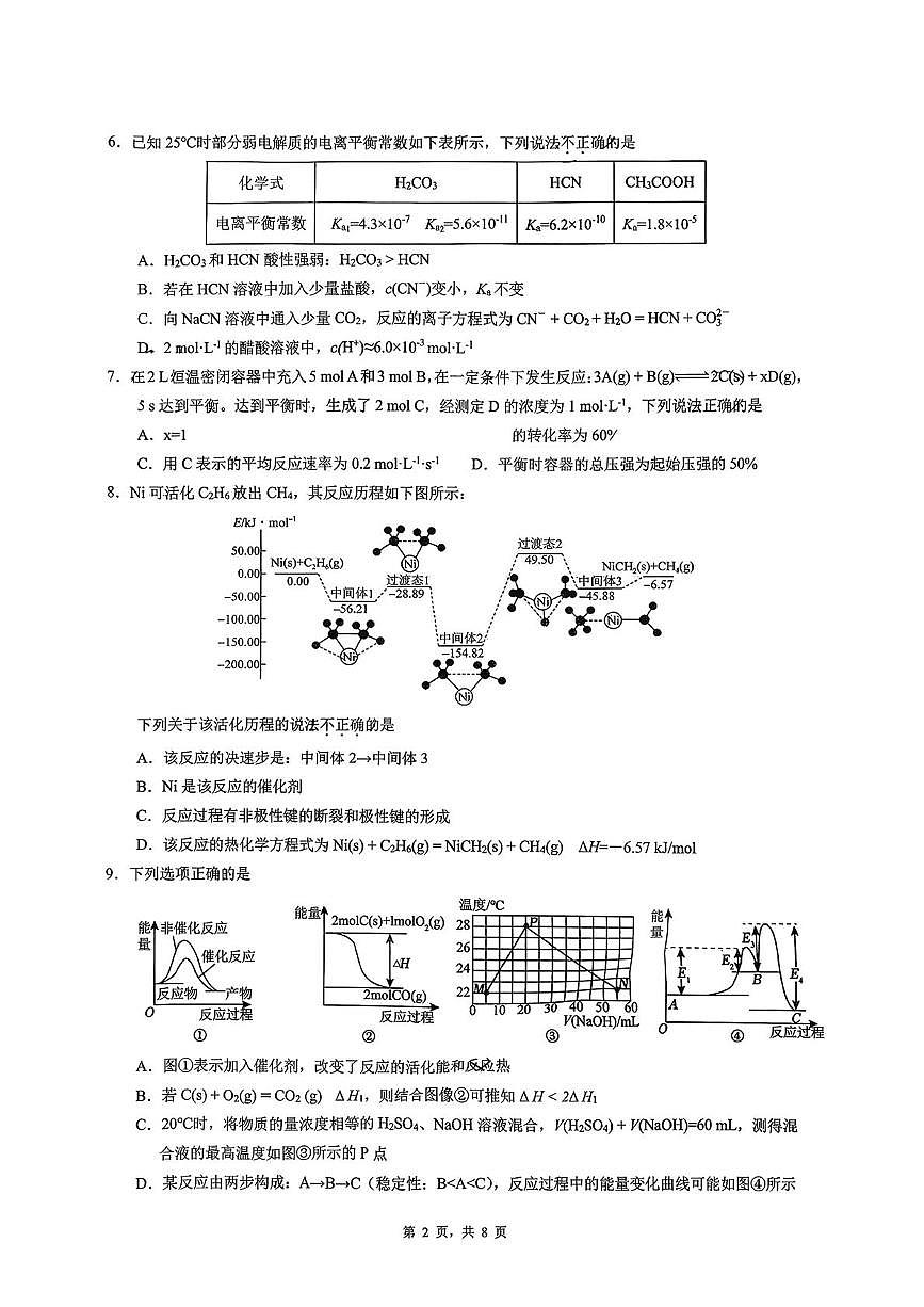 重庆市育才中学校2025-2026学年高二上学期10月月考 化学试题第2页