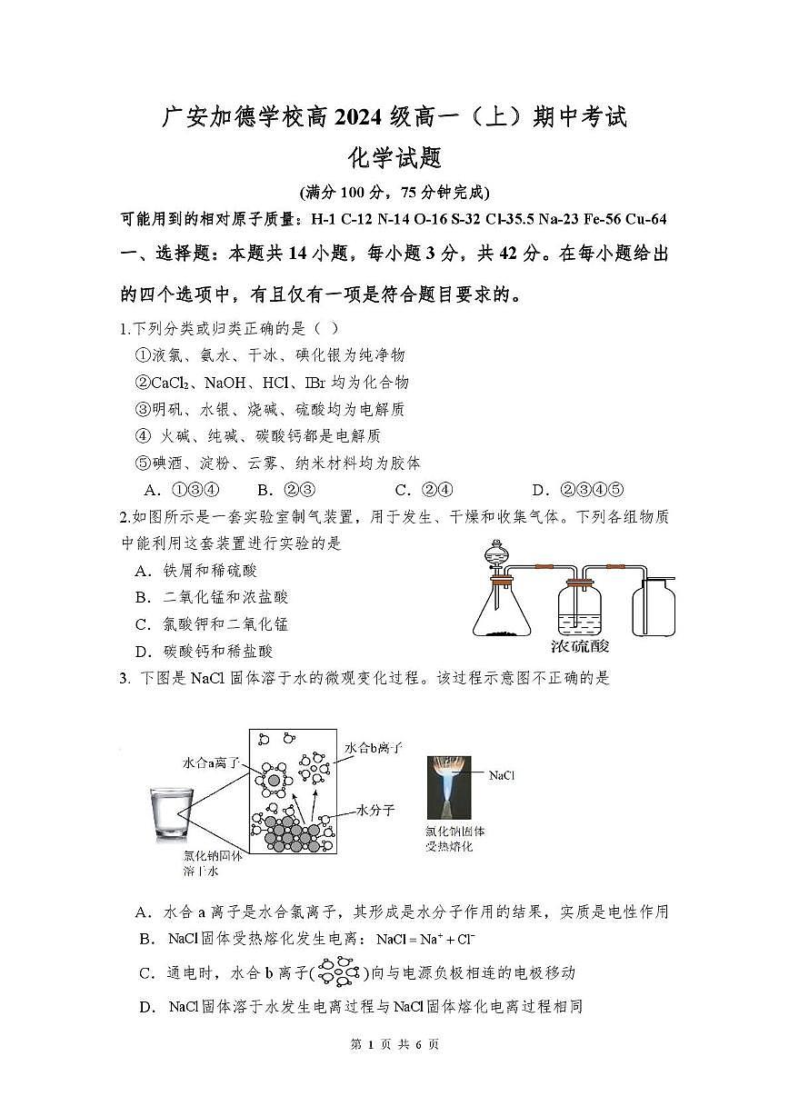 四川省广安加德学校2024-2025学年高一上学期期中考试化学试题第1页