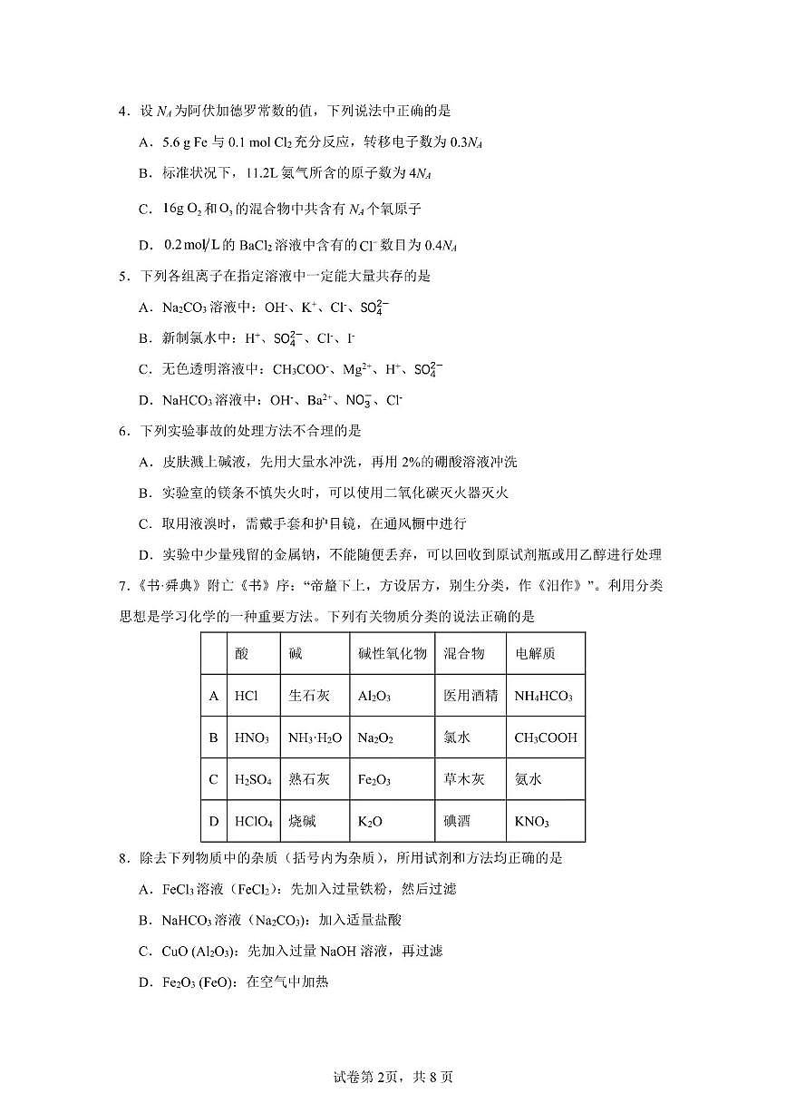 2024-2025学年深圳市红岭中学高一(上)期末化学试卷第2页
