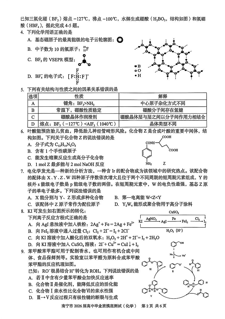 广西南宁市2026届高三上学期摸底测试化学试题（月考）第2页