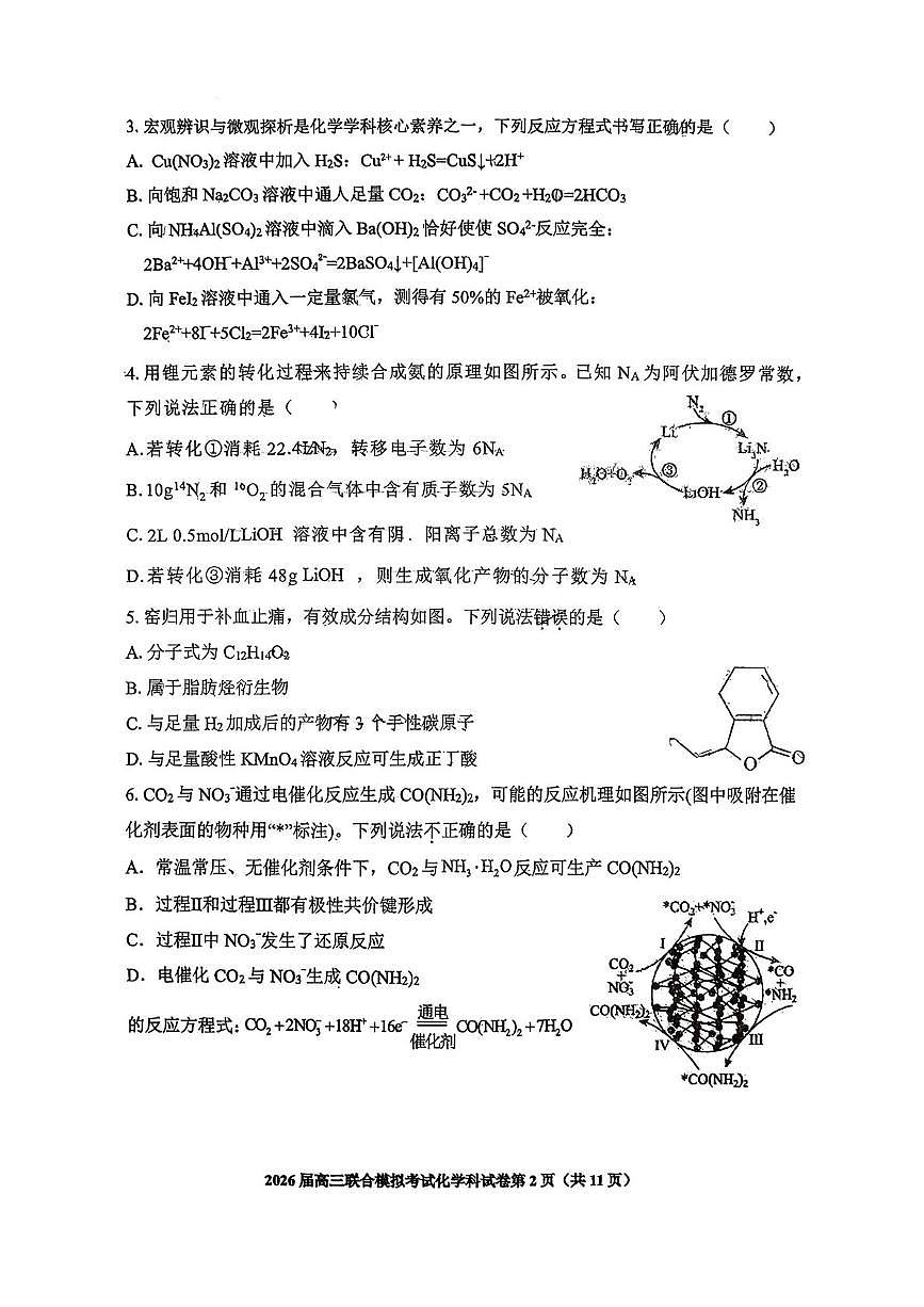 吉林省长春市十一高中等四校2026届高三上学期联合模拟考试化学试题（月考）第2页