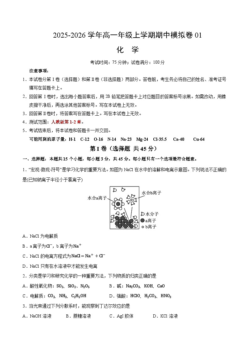 高一化学上学期期中模拟卷01（人教版2019)（考试版A4）第1页