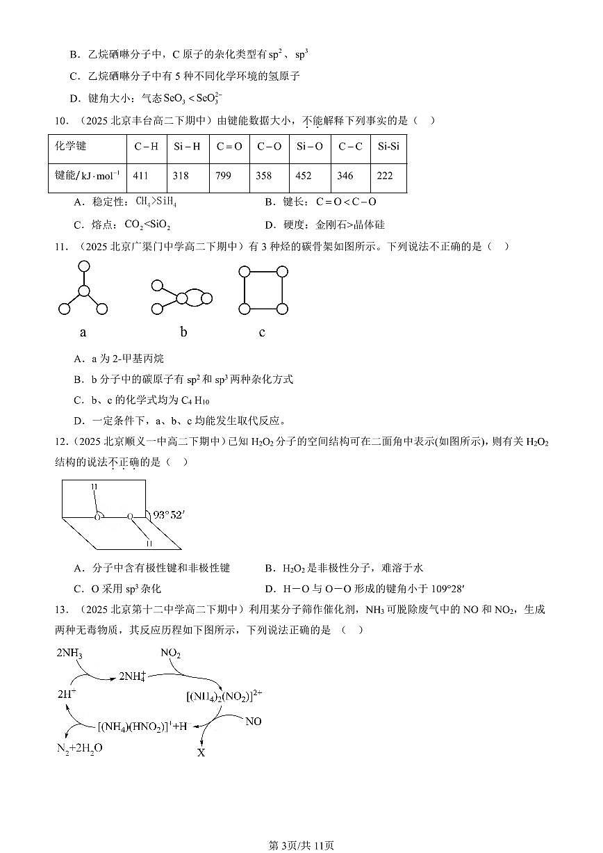 2025北京重点校高二（下）期中化学汇编：分子结构与性质章节综合（选择题）3第3页
