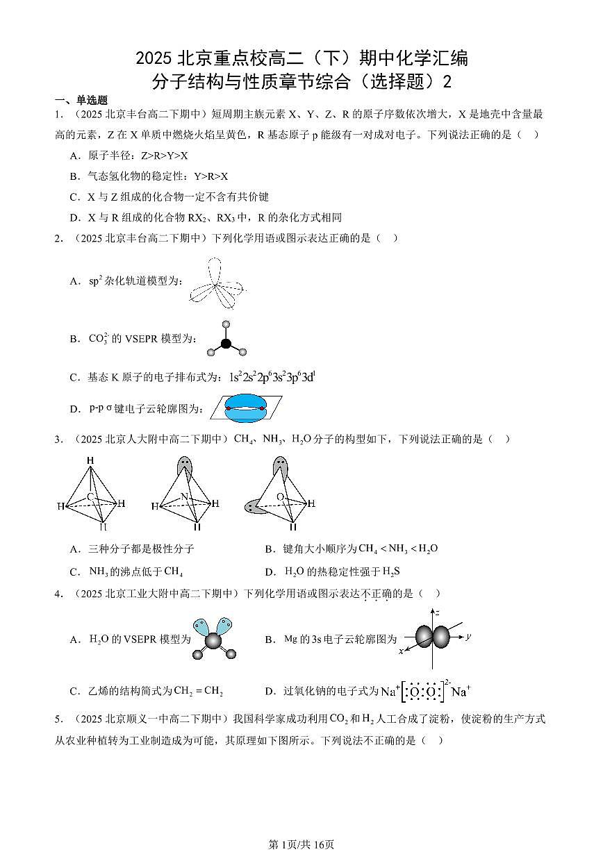 2025北京重点校高二（下）期中化学汇编：分子结构与性质章节综合（选择题）2第1页