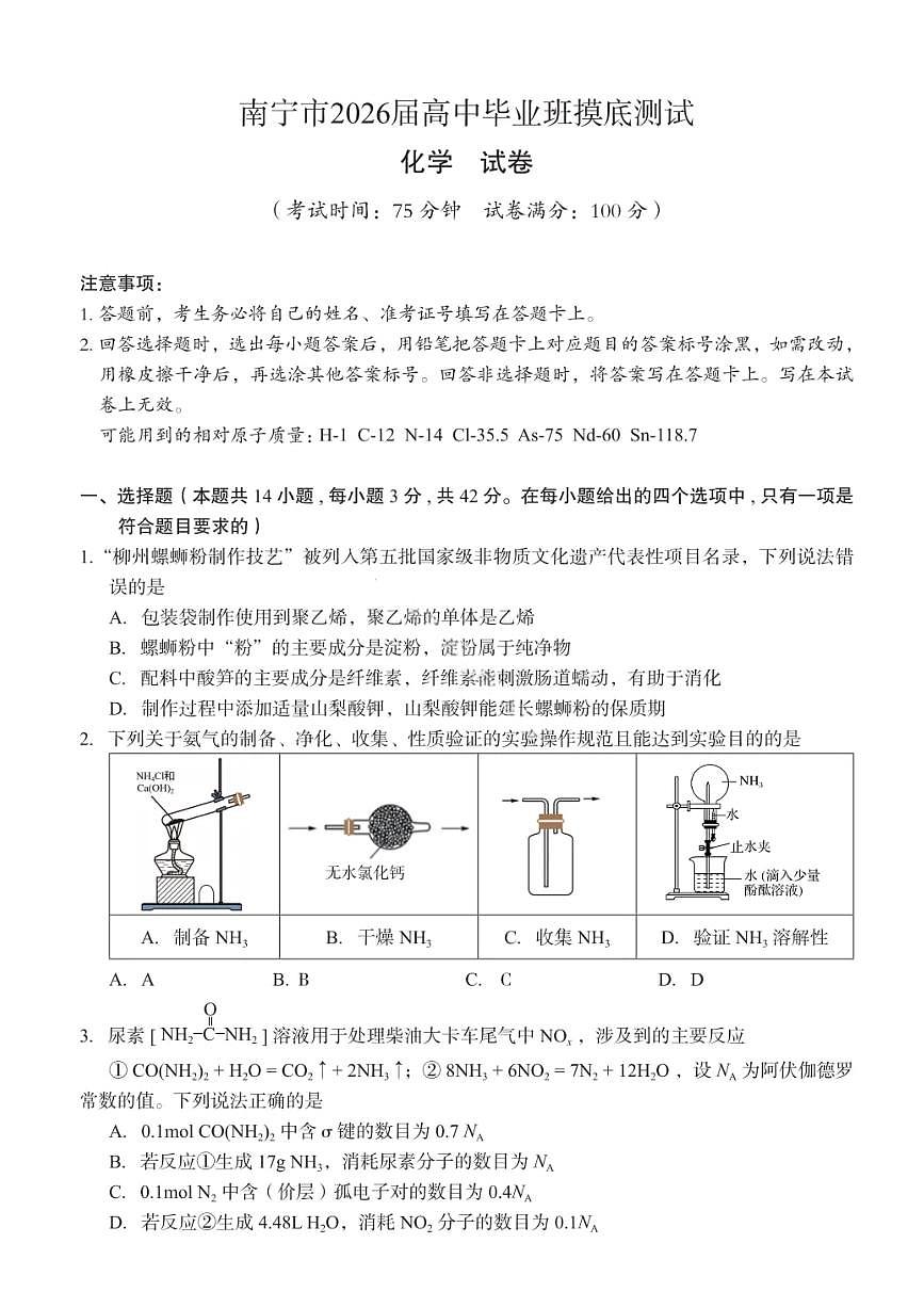 化学-广西南宁2026届高中毕业班高三上学期10月摸底测试试题及答案第1页