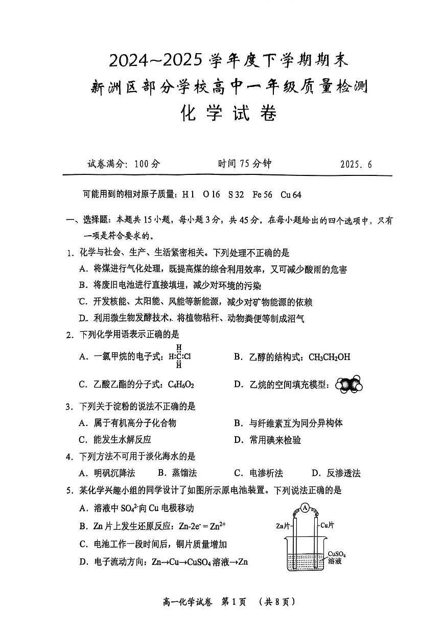 湖北省武汉市新洲区问津联盟2024-2025学年高一下学期6月期末考试试题化学试卷+答案第1页