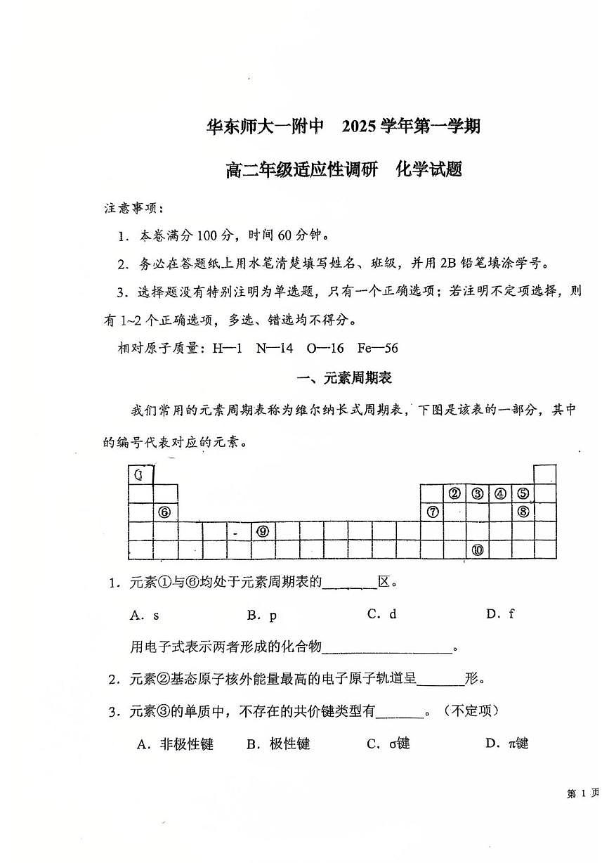 上海市华东师范大学第一附属中学2025-2026学年高二上学期10月适应性调研化学试题（月考）第1页