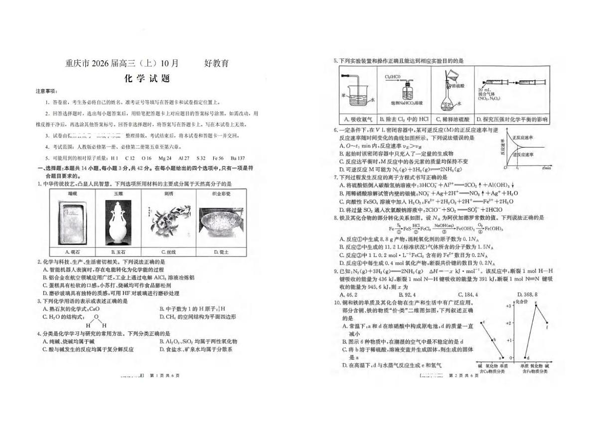 重庆市渝中区等地部分学校2026届高三上学期10月好教育联盟考试化学试题（月考）第1页