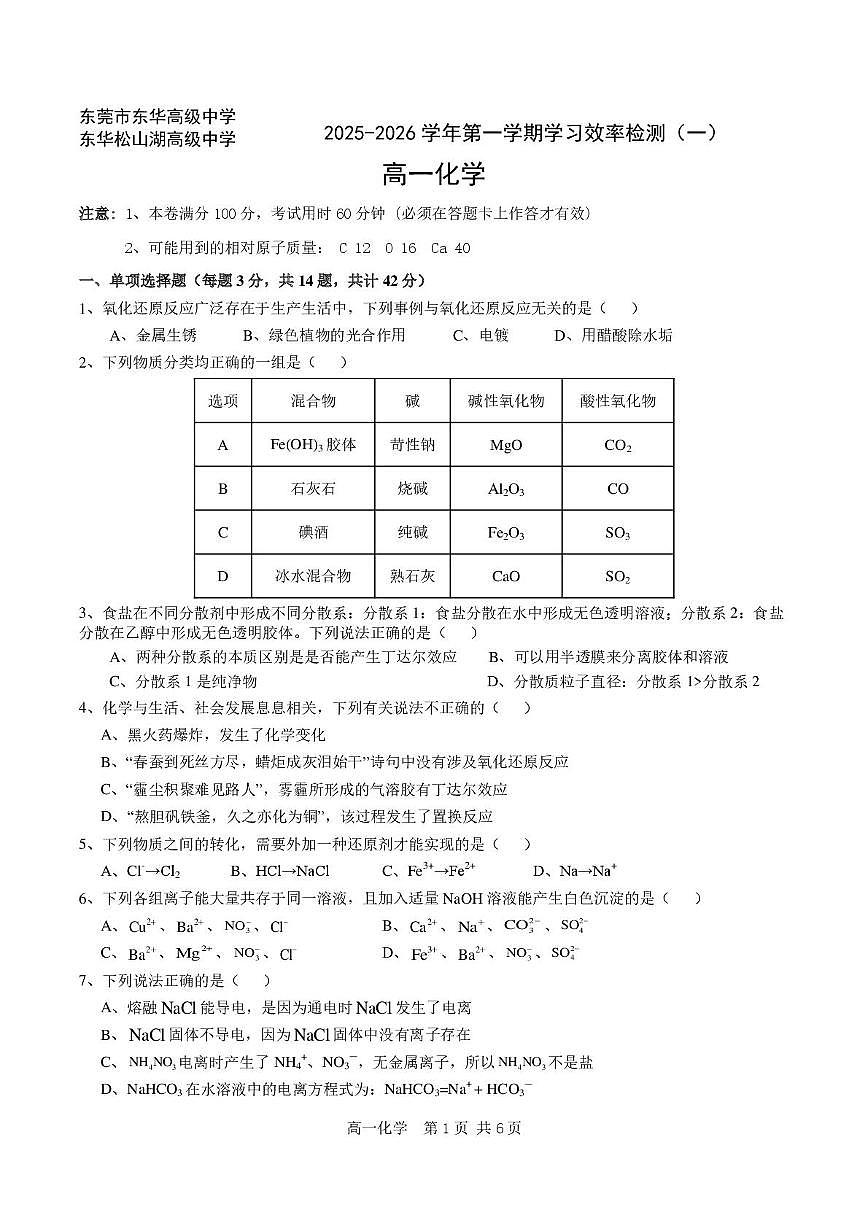 广东省东莞市东华高级中学2025-2026学年高一上学期10月月考化学试题第1页