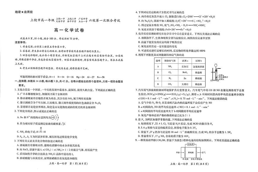 江西省上饶市六校2024-2025学年高一下学期5月第一次联合考试化学试卷第1页