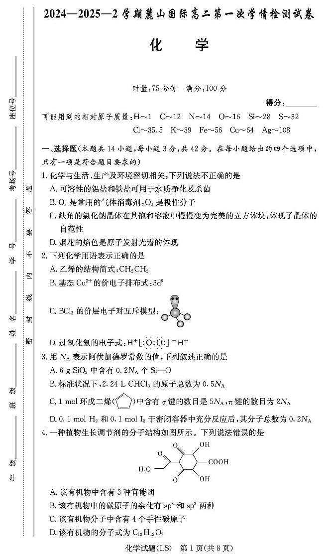 湖南省长沙市麓山国际实验学校2024-2025学年高二下学期第一次学情检测化学试卷+答案第1页