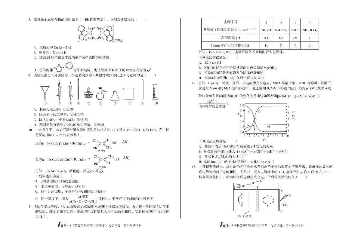[8开]1号卷·A10联盟2025届高三开年考化学第2页