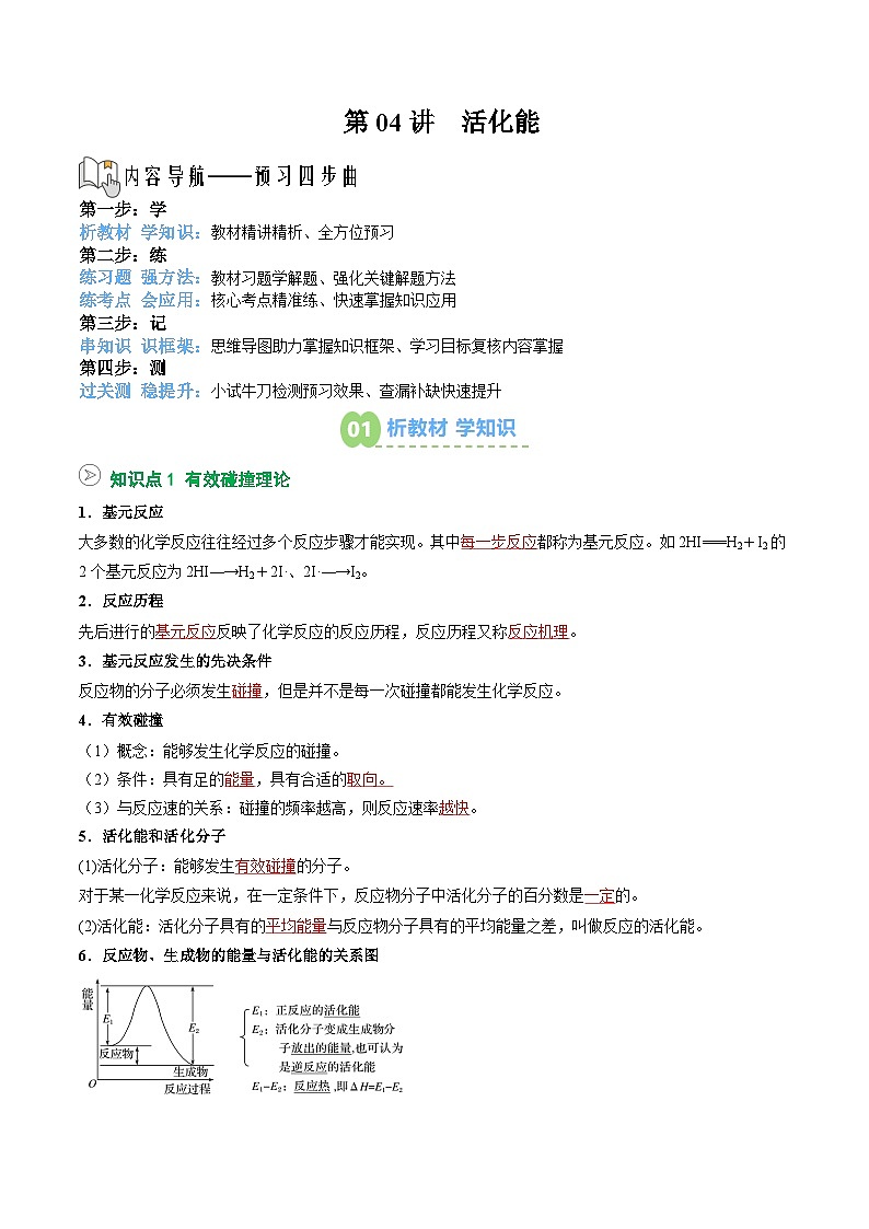 【02-暑假预习】第04讲  活化能（教师版）-2025年新高二化学暑假衔接讲练 (人教版)第1页