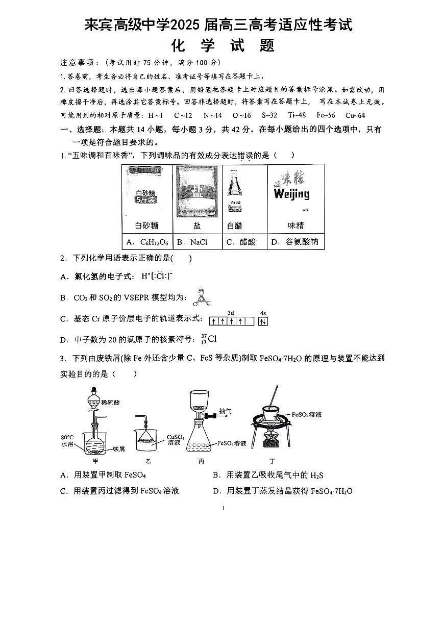 广西来宾高级中学2024-2025学年高三下学期高考适应性考试+化学试题（月考）第1页