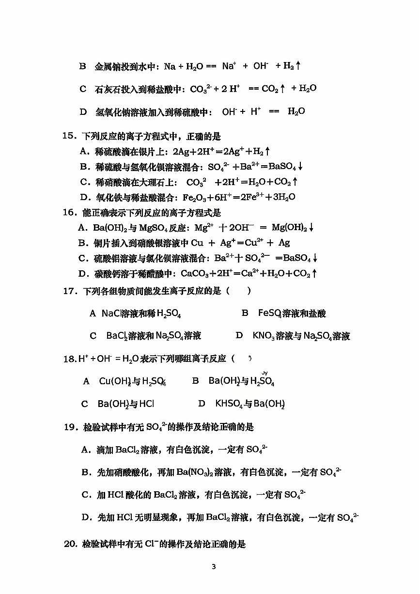 2025北京丰台二中高一上上10月月考化学试卷   无答案第3页