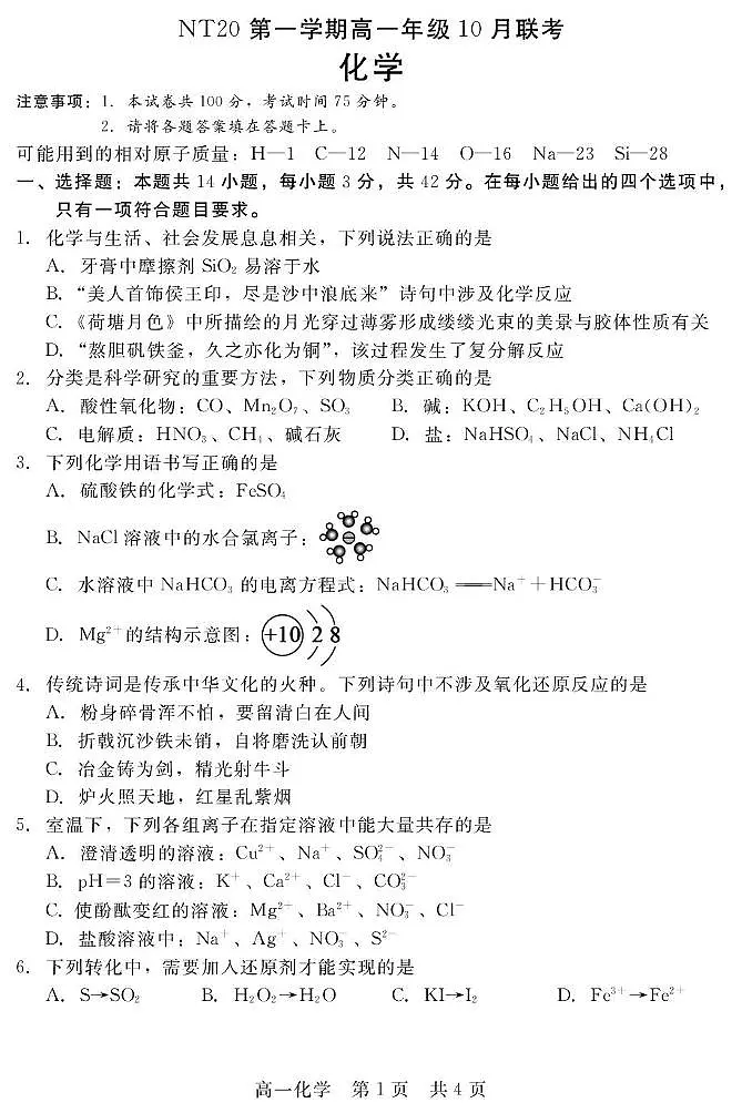 河北省NT20联盟2025-2026学年高一上学期10月联考化学试卷（PDF版附解析）第1页