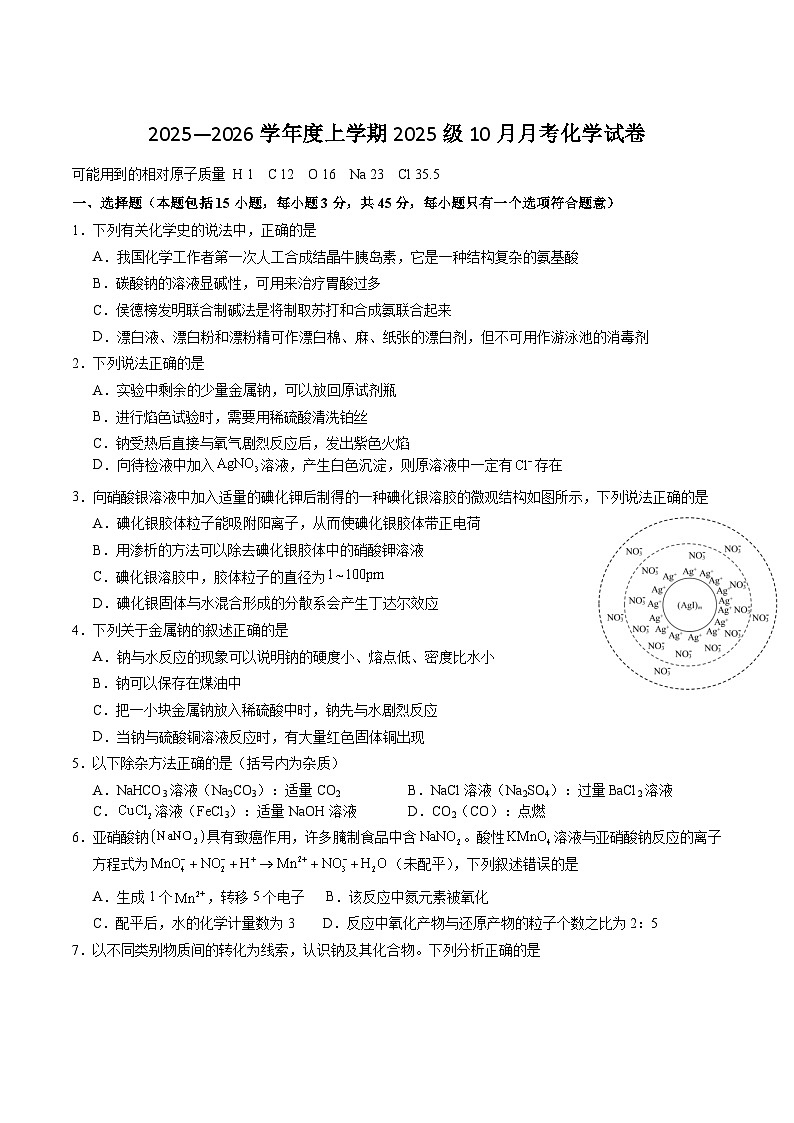 湖北省沙市中学2025-2026学年高一上学期10月月考化学试卷（Word版附答案）第1页