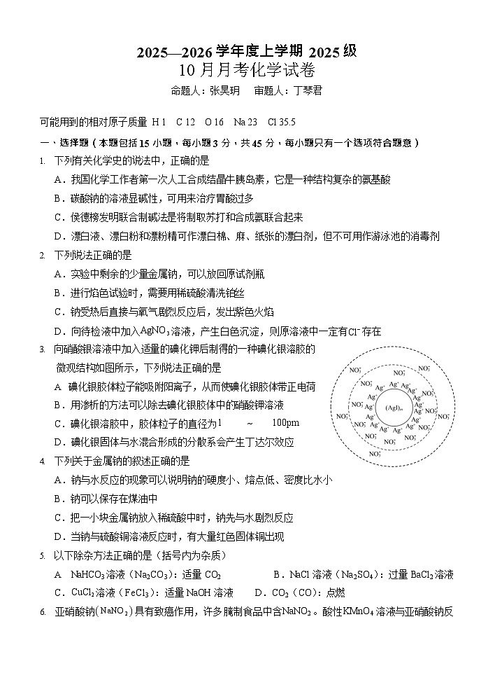 湖北省荆州市沙市中学2025-2026学年高一上学期10月月考化学试卷第1页