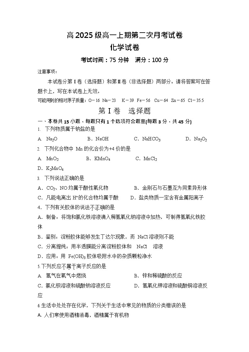 四川省南充市嘉陵第一中学2025-2026学年高一上学期10月考试化学试卷第1页