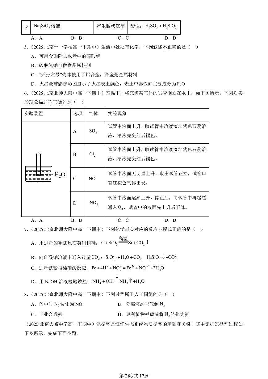 2025北京重点校高一（下）期中化学汇编：物质的性质与转化章节综合（鲁科版（选择题）1第2页